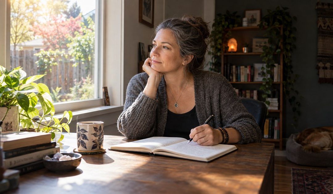 Spiritual practitioner journaling in a modest sunlit home office